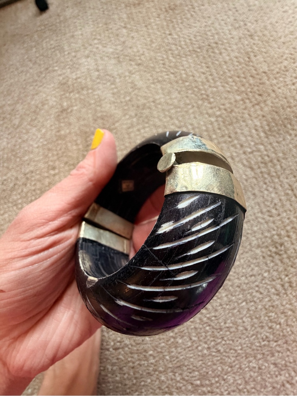 Vintage Heavy Carved Wood Hinged Bangle with Brass Accents made in India - Picture 11 of 12